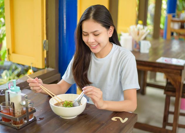 Young Woman Is Eating Thai Food Noodles Local Street Food