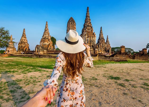 Woman Holding Man S Hand Leading Him Ayutthaya Historical Park Wat Chaiwatthanaram Buddhist Temple Thailand