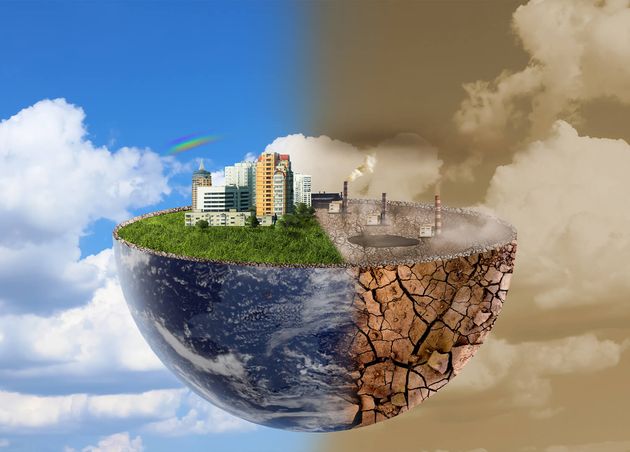 Environmental Pollution Collage Divided into Clean Contaminated Earth against Sky Halved Globe with Buildings Green Grass One Side Cracked Soil with Factories Other