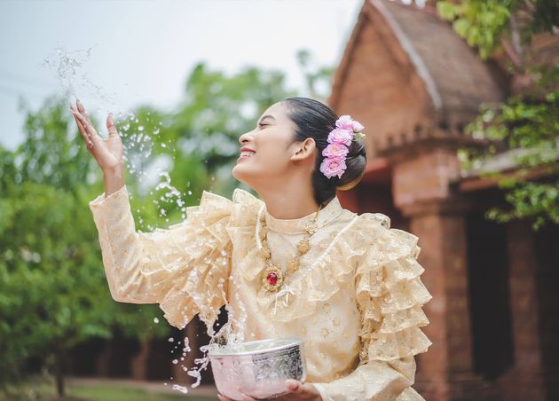 Portrait Beautiful Woman Songkran Festival with Thai Traditional Costume