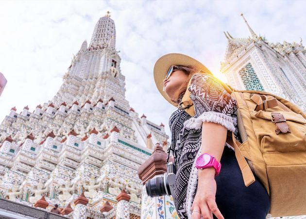 Woman Tourist Is Traveling Sightseeing inside Wat Arun Chao Phraya River Bangkok Thailand She Had Camera Map Straw Hat Sunglasses