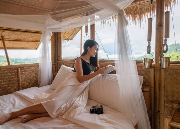 Beautiful Young Asian Woman Resting Reading Book Bed Thatched Hut among Mountain Vacation