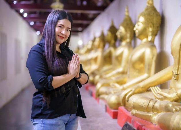 Portrait Asian Woman Tourist Pay Respect Hand with Faith Buddha Statue Temple Thailand Belief Buddhism