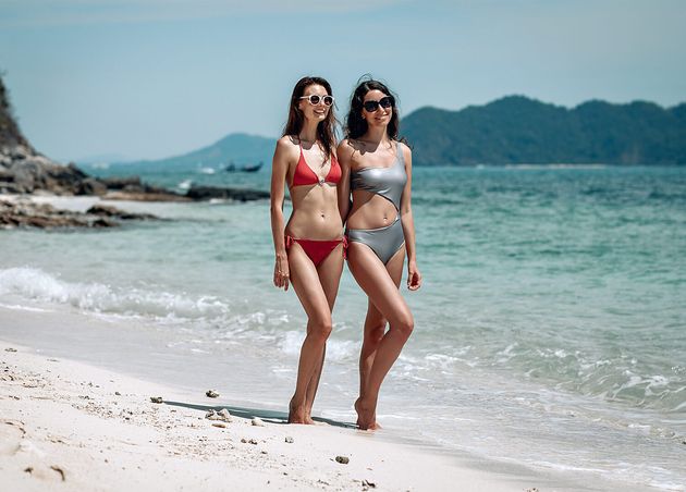 Beautiful Female Young Lesbian Couple Swimsuit Love Walks along Beach Concept Lgbt Community Equal Rights Beauty Love Phuket Thailand Beautiful Seascape
