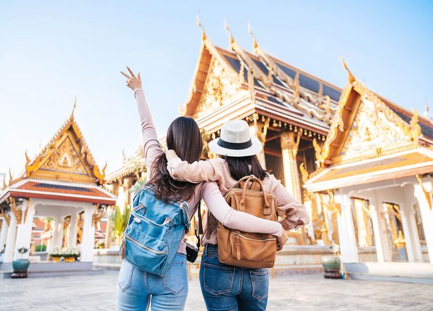 Two Happy Women Traveler Temple Thailand
