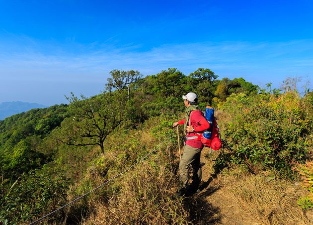 Male Tourists Go Hiking Khao Laem National Park Kanchanaburi Thailand