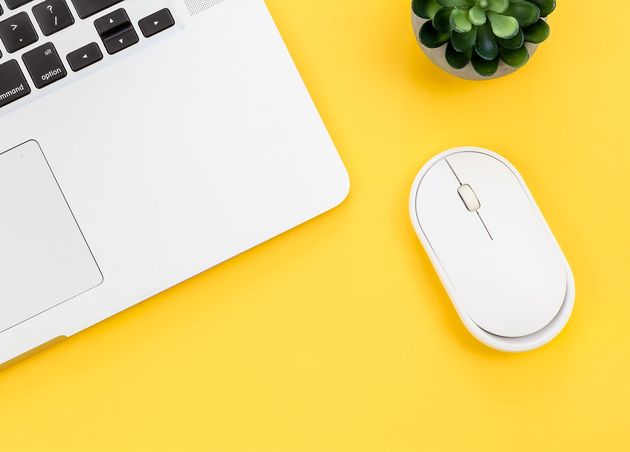 Computer Mouse Laptop Yellow Background Isolated Flat Lay