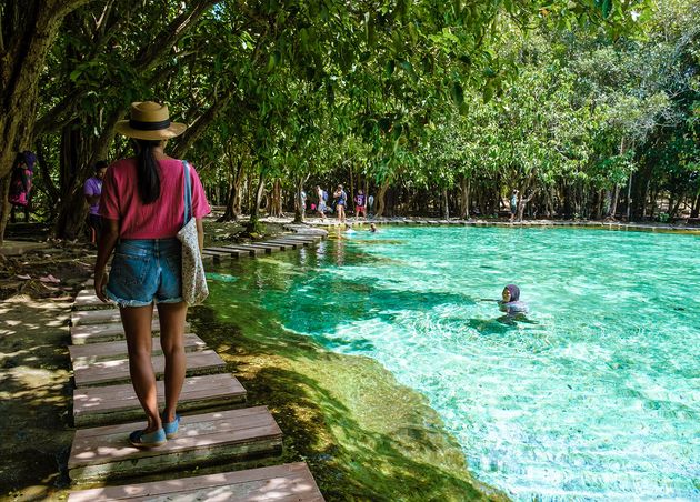 Emerald Lake Blue Pool Krabi Thailand Mangrove Forest Krabi Thailand Young Asian Woman European Men Lake