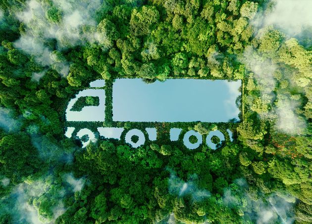 Truck Shaped Lake Midst Pristine Nature Illustrating Concept Clean Greenhouse Free Transport Form Electric Hybrid Hydrogen Propulsion 3D Rendering