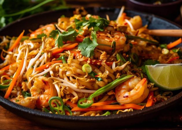 A Plate of Pad Thai with Shrimps and Vegetables