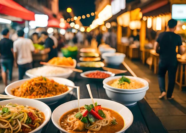 Food Stall Street with Many Bowls Food It