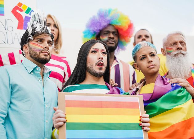 Group Diverse Gay People Looking Serious Pride Parade Homosexual Love Equality Concept