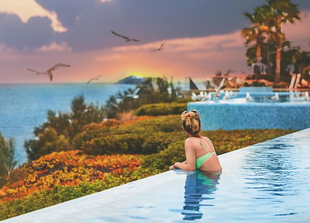 Girl Swimsuit Pool Watching Sunset Sea Rear View Lifestyle
