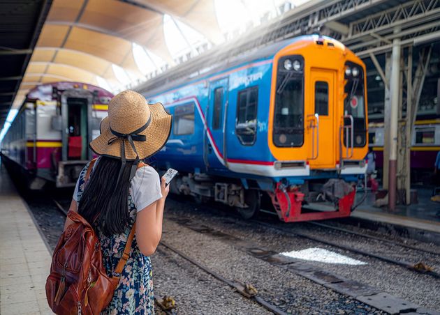 Asian Traveller Woman Travel Go Chiang Mai Thailand by Train Walk Bangkok Railway Station by Use Navigator Application Her Smartphone