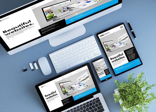 Blue Devices Top View Creative Website Builder 3D Rendering