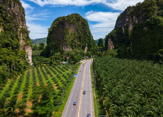 Beautiful Road with Traffic Palm Trees Limestone Mountains Krabi Thailand