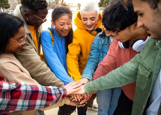 Group Multiracial College Students Stack Hands Together Circle Outdoors Community Cooperation Concepts