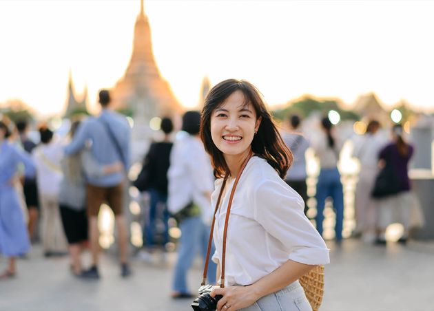 Portrait Young Beautiful Asian Woman Smiling while Travel Wat Arun Sunset View Point Bangkok Thailand