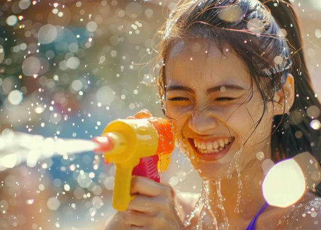 Smiling Asian Woman Was Splashed by Water She Is Using Water Gun Songkran Festival