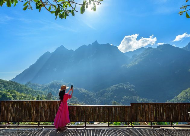 Woman Tourist Taking Photo Doi Luang Chiang Dao Mountains Chiang Mai Thailand