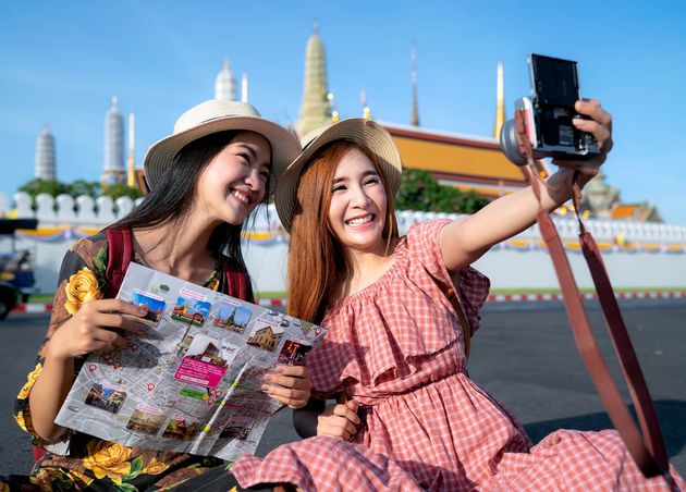 Two Asian Girlfriends Traveling Take Photo Selfie Grand Palace