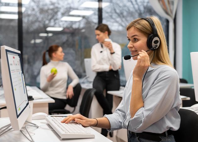 Woman Working Call Center Talking with Clients Using Headphones Microphone