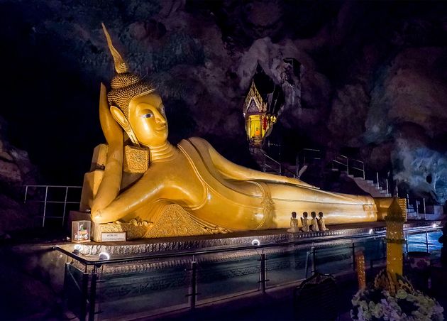 Phang Nga Thailand Wat Tham Suwan Khuha Cave Golden Statue Buddha Nirvana Buddhist Cave Temple Wat Tham Suwankhuha Cave Monkey Cave Phang Nga Thailand