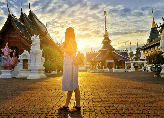 Young Asian Tourist Woman Explores Wat Ban Den Buddhist Temple Located Chiangmai Thail
