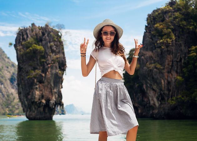 Young Beautiful Woman Traveling Thailand Summer Vacation Casual Style Sunglasses Hat Cotton Skirt T Shirt Smiling Happy Adventures