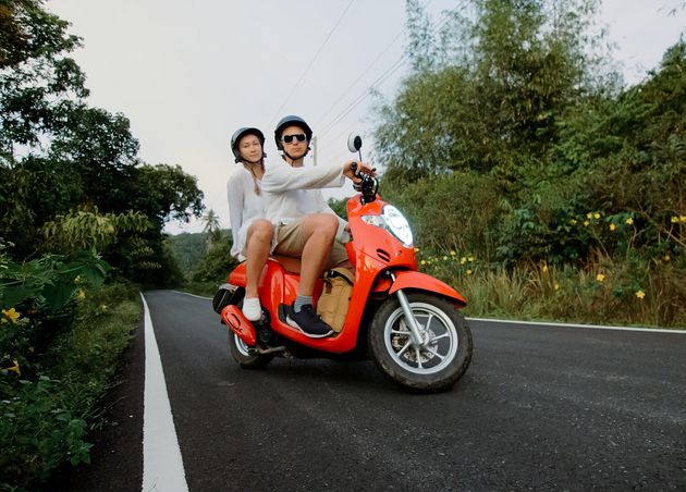Love Couple Red Motorbike White Clothes Go Forest Road Trail Trip Two Caucasian Tourist Woman Man Drive Scooter Motorcycle Rent Safety Helmet Sunglasses Asia Thailand Ride Tourism