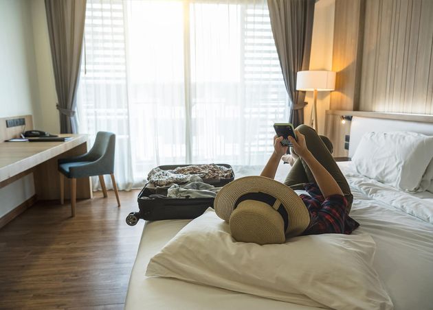 Happiness Asian Traveler Woman Sleeping Using Smart Mobile Phoneon Bed Bedroom Hotel Hostel when Traveling