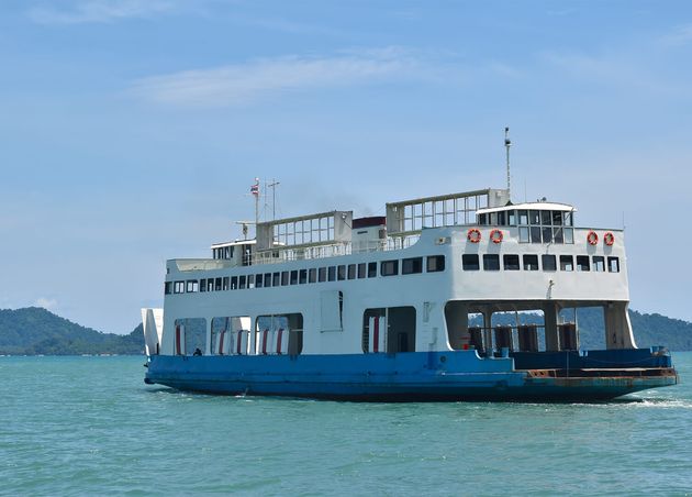 Large Ferryboats Carrying Passengers Cars Crossing Blue Sea Koh Chang Island Trad Province Thailand Cargo Logistics Transportation Delivery Concept