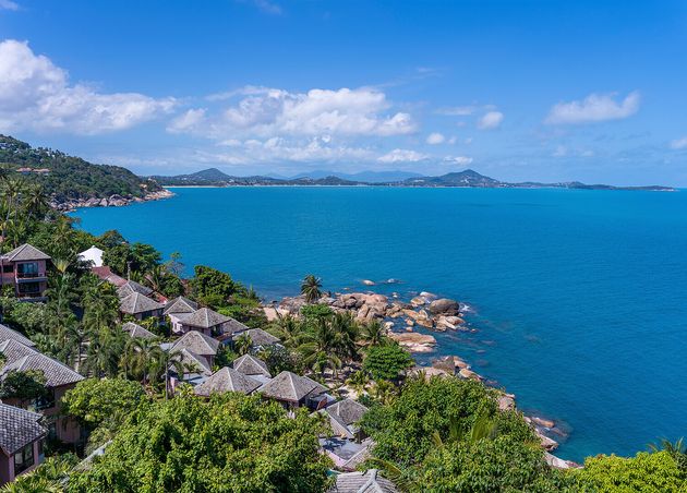Beautiful Scenery View Point Island Koh Samui Surat Thani Province Thailand Travel Nature Concept Sea Water Mountains Blue Sky with White Clouds