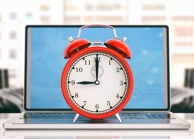 Red Alarm Clock Laptop Office Background 3D Illustration