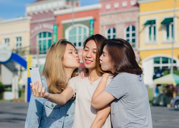Attractive Beautiful Asian Friends Women Using Smartphone Happy Young Asian Teenage