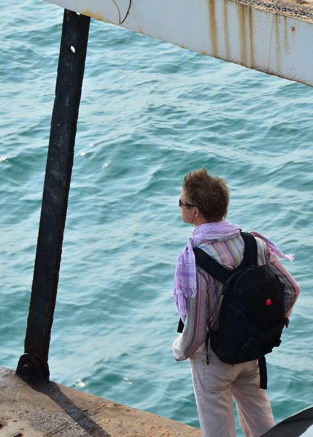 Foreign Travelers Men People Standing Recreation Ferry Ship Boat Crossing Sea Ocean from Ao Thammachat Pier Koh Chang Island Travel Visit Rest Relax May 28 2011 Trat Thailand