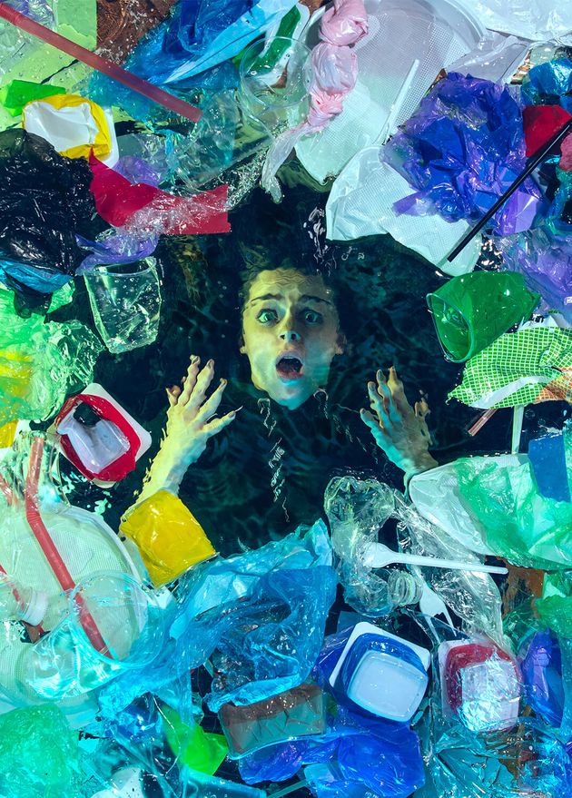Woman Drowning Water Plastic Recipients Pile Garbage Used Bottles Packs Filling World Ocean Killing People