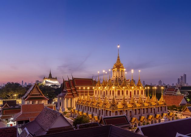 Loha Prasat Iron Castle Monastery Wat Ratchanatdaram Temple Ratchadamnoen Avenue during Morning Bangkok Thailand