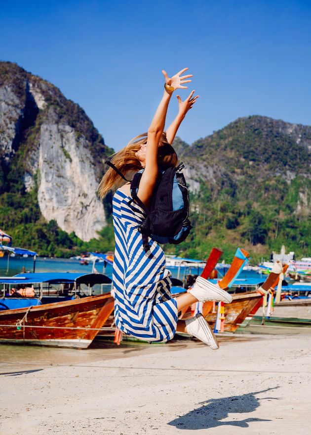 Pretty Tan Backpacker Girl Posing Hot Tropical Phi Phi Island Amazing View Local Boats Mountains