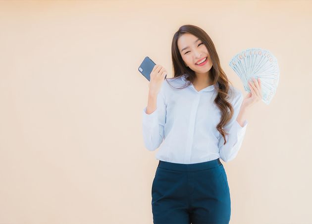 Portrait Beautiful Young Business Asian Woman with Cash Money