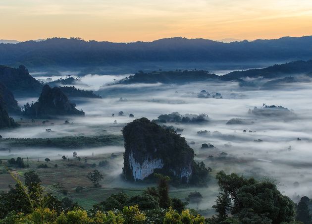 Beautiful Sunrise Travel Place with Morning Mist Phu Langka National Park Phayao Province Thailand