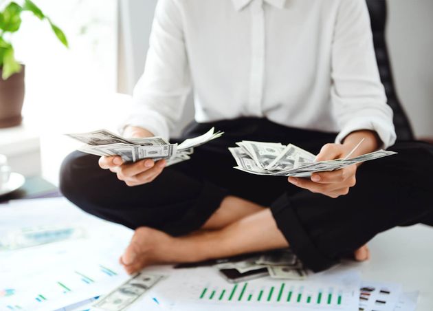 Young Beautiful Businesswoman Holding Money Sitting Table Workplace