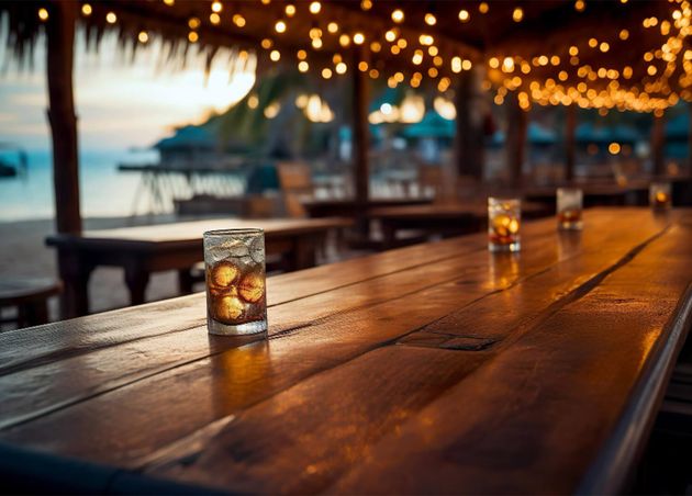 Blur Bokeh Beach Bar Restaurant Background Warm Summer Evening Sunset Holiday Vacation Travel Concept