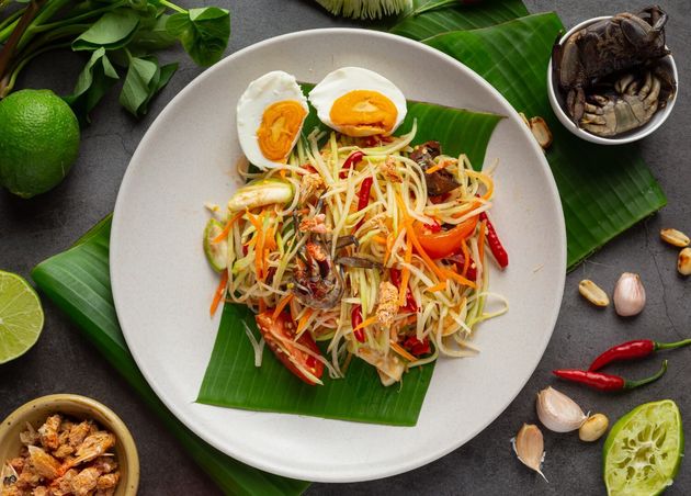 Papaya Salad Served with Rice Noodles Vegetable Salad Decorated with Thai Food Ingredients