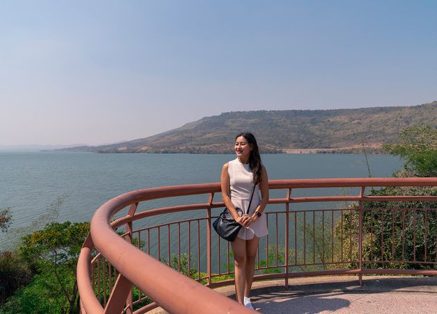 Happy Asian Woman Tourist Relax Lamtakong Dam View Point Terrace Travel Destination Nakhon Ratchasima Thailand