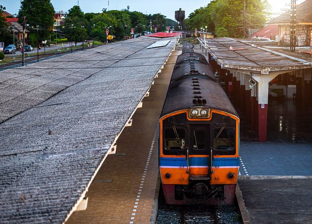 Diesel Train Trains with Traditional Public Transport Thai Style Commuting Train Approaches Phitsanulok Railway Station City Thailand