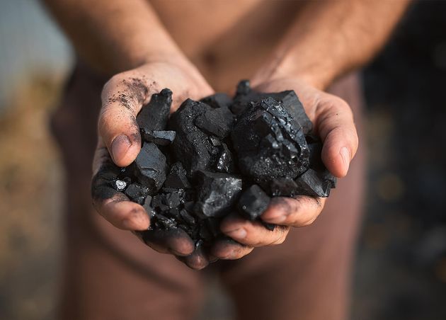 Poor Middle Aged Man Holding Hands Stone Coal Sale Provide Food His Family