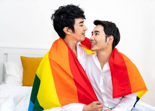 Portrait Asian Homosexual Couple Hug Holding Hand with Pride Flag Bedroom Concept Lgbt Gay