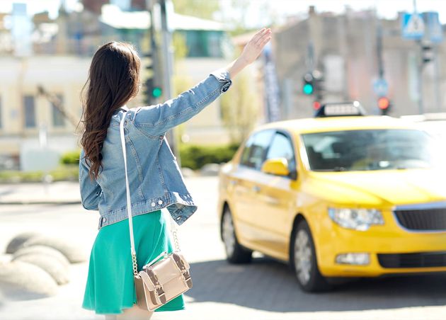 Gesture Transportation Travel Tourism People Concept Young Woman Teenage Girl Catching Taxi City Street Hitch Hiking