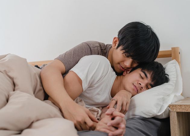 Asian Gay Couple Kiss Hug Bed Home Young Asian Lgbtq Men Happy Relax Rest Together Spend Romantic Time after Wake up Bedroom Home Morning
